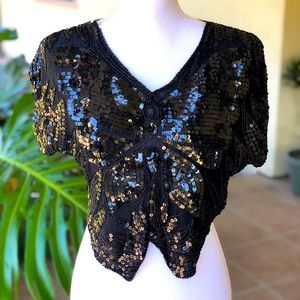 Black Sequined Butterfly Top